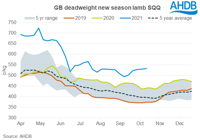 Chart of GB deadweight lamb prices 20 October 2021